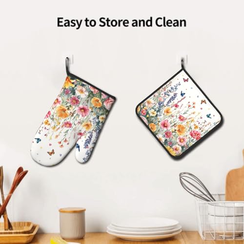 Giwawa Spring Flower Oven Mitts and Pot Holder Kitchen Accessories Sets Botanical Floral Heat Resistant BBQ Cooking Oven Gloves Washable Hot Pads - color: Botanical Floral