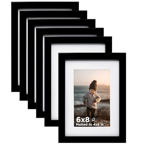 6x8 Picture Frame Black Set of 6 Wooden Photo Frames Matted 4x6 | 6 x 8 Picture Frame with Plexiglass Fits 4x6 with Mat or 6x8 without Mat for Table and Wall Display - color: Black, size: 6x8