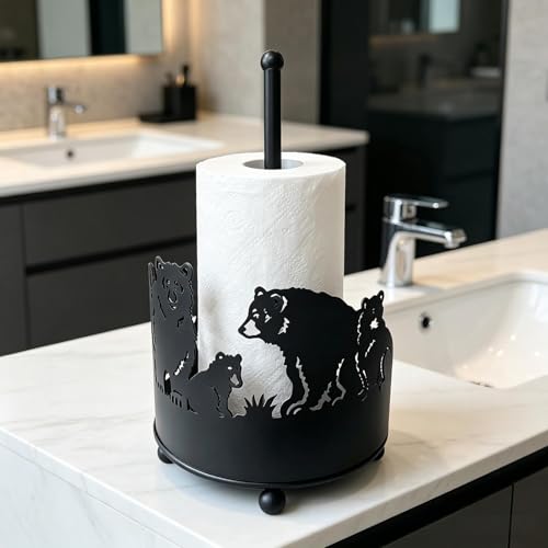 Paper Towel Holders Countertop - Paper Towel Holder Standing - Decorative Paper Towel Roll Holder Metal Paper Towel Holder Animal Paper Towel Holder (Bears) - color: Bear(matte Black)