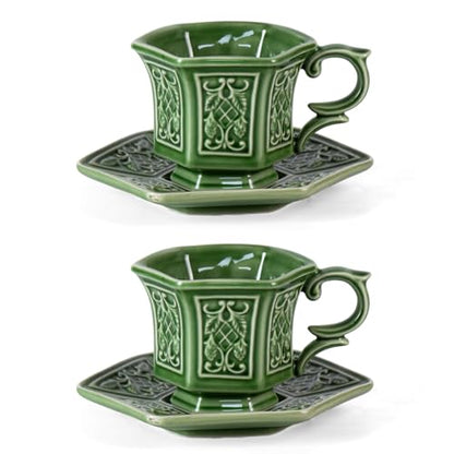 KAMMAK Tea Cups and Saucers Set of 2, 6 oz Porcelain Coffee Cups, SY004 | Stackable Espresso Mugs, Ceramic Demitasse for Coffee, Cappuccino, Latte, Americano, Tea - size: 8CZSY004
