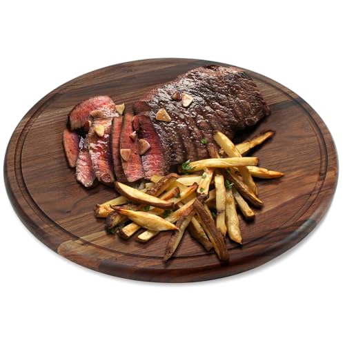14" Round Walnut Wood Cutting Board for Kitchen | Wooden Chopping Board With Juice Grooves - size: 14"L x 14"W
