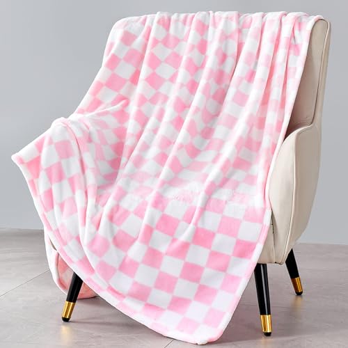 Edenleaf Pink Checkered Fleece Throw Blanket for Bed Cozy Warm Home Decor | Ultra Soft Fuzzy Blanket for Couch Sofa, Fluffy Lightweight Throw for Travel, Holiday Gifts for Women, All Seasons, 60"x80" - color: 01 Pink, size: Blanket-60"x80"