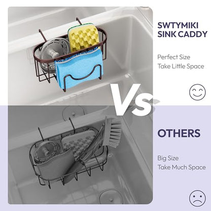 SWTYMIKI Sponge Holder for Kitchen Sink - Movable Kitchen Sink Caddy with M Shape Hook, Stainless Steel Hanging Sponge Caddy for Dish Sponge, Brush, Stopper Organizer in Double Bowl Sink, Bronze - color: Bronze-regular