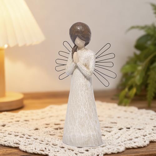Hodao Praying Angel Figurine, 5.1in Hand-Painted Resin, Rustic Wood-Carved Look with Metal Wire Wings, Small Tabletop Decor for Home Indoor, Spiritual Figurines & Ornaments, Sympathy Gift - style: Z-praying-small