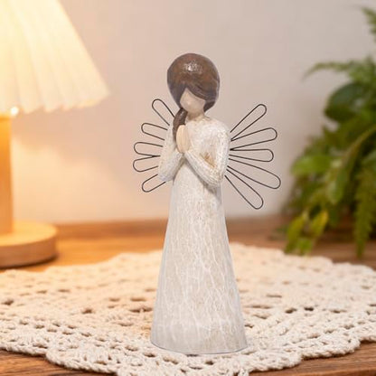 Hodao Praying Angel Figurine, 5.1in Hand-Painted Resin, Rustic Wood-Carved Look with Metal Wire Wings, Small Tabletop Decor for Home Indoor, Spiritual Figurines & Ornaments, Sympathy Gift - style: Z-praying-small
