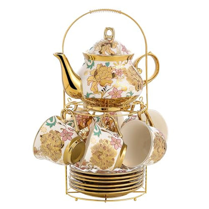 20 Pieces Porcelain Tea Set With Metal Holder, European Ceramic tea set for adults,Flower Tea Set,Tea Set For Women With Flower Painting - color: eel Yellow