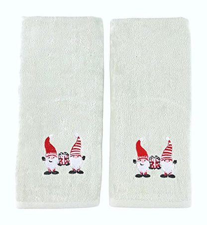 Christmas Gnomes Hand Towel Set: Light Grey Velour Bathroom Towels with Red White Embroidery Jolly Nordic Gnome Friends - color: Gnome Friends