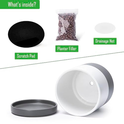 D'vine Dev 2-Pack Ceramic Pots with Saucers, 6/8 in, White/Grey, 94-G-M-6 | Glazed Ceramic, Drainage Hole, Perfect-Fit Saucer, Sleek Cylinder Shape, High Temperature Fired, Elegant Home Accent - color: White/Speckled Grey, size: Medium