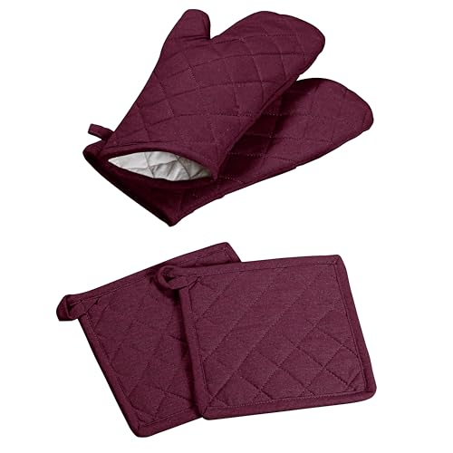 Oven Mitt (7"x13") & Pot Holder (8"x8") 100% Cotton Set of Heat Resistant Oven Gloves & Hot Pads for Gifts, BBQ, Cooking, Baking, Thanksgiving - Burgundy Wine - color: Burgundy Wine