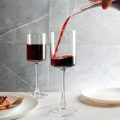 10Oz Square Wine Glasses Set of 12 Dishwasher Safe Long Stem | Elegant stemware for daily-use, parties, restaurants & bars — fits red/white wine, durable crystal glass, gift-ready