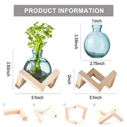 Plant Propagation Station, Plant Terrarium with Wooden Stand for Hydroponic Plant Propagation, Propagation Vases for Plants, Green Glass Bulb Vases for Home Office Decor (2)