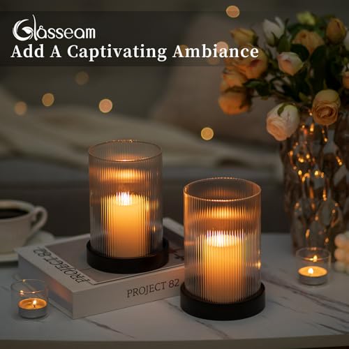 Glasseam Hurricane Candle Holder 2Pcs Black Candle Tray with Glass Cylinder | 3.94''x5.71'' Ribbed Open-End Sleeve, Fit 4'' Pillar Candles, Metal Candle Plates, Modern Table Centerpiece, Fireplace Decor - color: Black