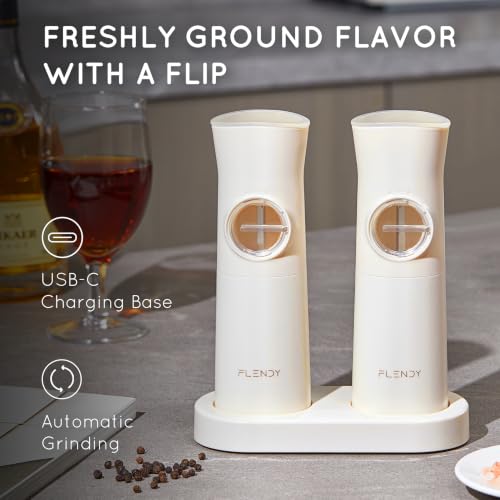 Flendy Gravity Electric Salt and Pepper Grinder Set with Charging Base | USB-C Charging Base, Gravity-Activated, Automatic, Rechargeable, Dust Cover, Large Capacity, Slim, Kitchen Housewarming Gift - color: Cream