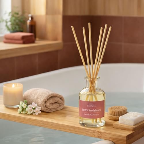 Natural Reed Diffuser Set, Warm Sandalwood 3.52 oz (100ml) Scented Diffuser with Sticks Home Fragrance Reed Diffuser for Bathroom Shelf Decor, Ideal Gift for Woman