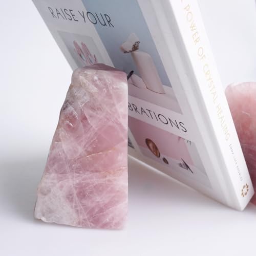Natural Rose Quartz Bookends with Rubber Feet 4-5Lbs Heavy Duty Non-Slip Crystal Bookends 1 Pair | Raw & Polished Stone | Healing Office Decor Gift - size: 4-5 LBS