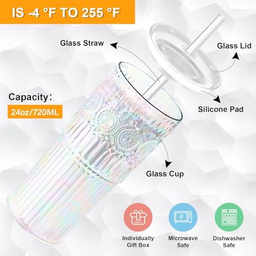 Bandesun All Glass Iced Coffee Cup With Lids and Straws，24 OZ Rainbow High Borosilicate Glass Tumbler for Water Smoothie Juice Drinks - color: Rainbow