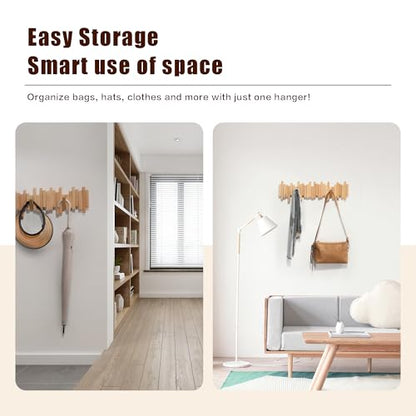 Coat Rack Wall Mount Piano Flip Down Wall Hook Rack 5 Hooks Beech | Natural Wood Handmade Unique Hanger for Coats Bag Hat Umbrella key Wall Art In the foyer living room bedroom bathroom office - color: Beech