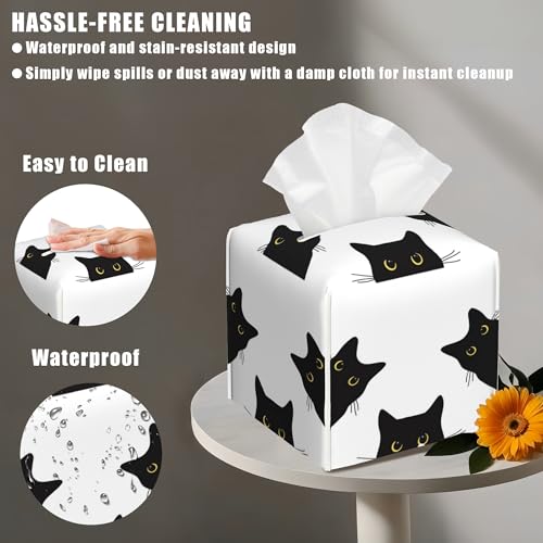 Black Cat Tissue Box Cover Square, Tissue Box Holder with Bottom Belt Leather Facial Paper Organizer Dispenser for Bathroom Bedroom Dresser Night Stand Tabletop - color: Black Cat