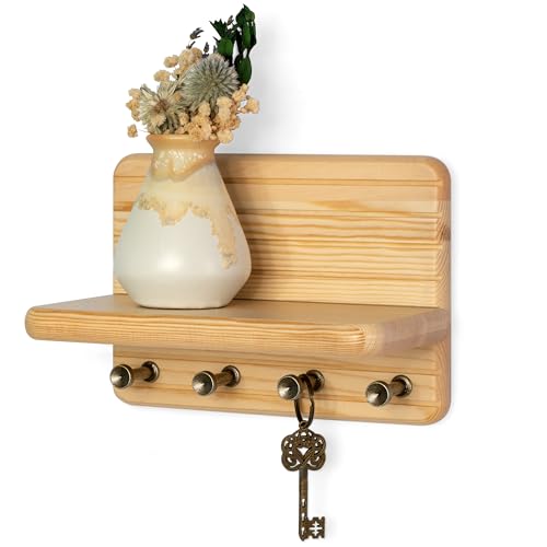 Rebee Vision Key Holder Wall Mount with 4 Hooks for Entryway, Natural Wood | 7-Inch, Pine Wood, Key Holder for Wall, Floating Shelf, Mail Organizer, Plant Display, Small-Space Organizer, Tidy Home Decor - color: Natural, size: Small-7inch