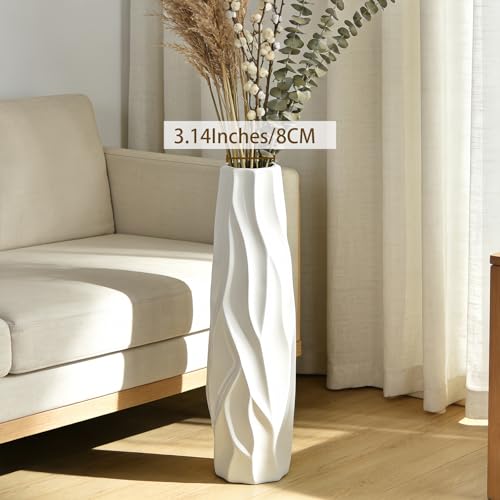 White Tall Ceramic Floor Vase, 24 Inch, Pleated Wave Design | Glossy Glazed Finish, Living Room, Fireplace, Entryway, Pampas Grass - color: Shape 1, size: 24 Inch