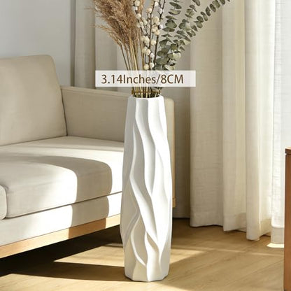 White Tall Ceramic Floor Vase, 24 Inch, Pleated Wave Design | Glossy Glazed Finish, Living Room, Fireplace, Entryway, Pampas Grass - color: Shape 1, size: 24 Inch