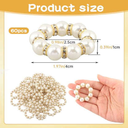60 Pcs Pearl Napkin Rings Set - Elegant Faux Rhinestone Beaded Napkin Holders, Serviette Buckles for Cloth Napkins, Weddings, Banquets, Holiday Dinner Parties & Table Decor