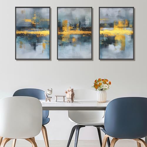 Blue and Gold Abstract Wall Art Set of 3, Modern Framed Canvas Wall Art 16x24 Inch, Luxury Abstract Landscape Wall Painting for Living Room Bedroom Office, Metal Frame Ready to Hang - color: Metallic Waterscapes, size: 24"L X 16"W