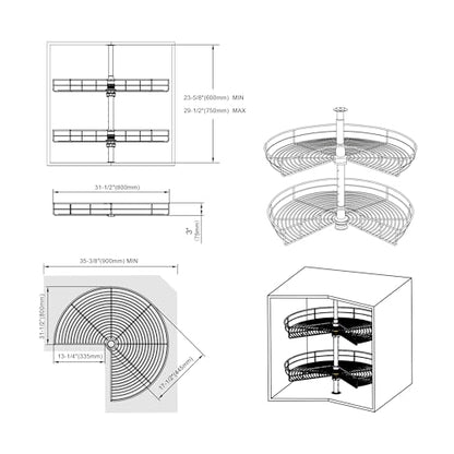 Dowell Base Cabinet Kidney Shape Dia.32 270° Lazy Susan, 2 Shelves, Kitchen Base Corner Cabinet Organizer (Chrome 4001 270 32) - size: Base Cabinet Kidney Shape Dia.32" 270°