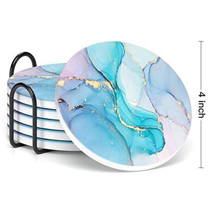 Coasters for Drinks, Set of 6 Cute Absorbent Ceramic Drink Coasters - color: Colorful Ink Marble
