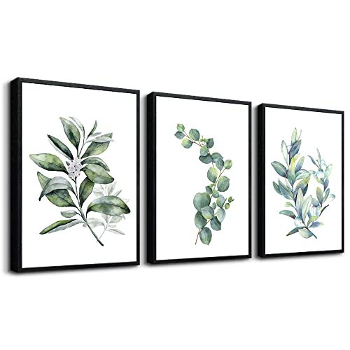 hyidecorart Black Framed Wall Art For Bedroom Wall Decor For Living RoomPlants Green Leaves Painting Bathroom Walls Pictures Kitchen Wall Decorations Office Decor Set Of 3 Piece Framed Prints Art - color: Watercolor Plant Leaves(Black Framed), size: 12x16