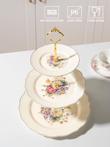 Sweejar 3 Tier Ceramic Cake Stand Wedding, Dessert Cupcake Stand for Tea Party Serving Platter(Flower Style) - color: Flower Style