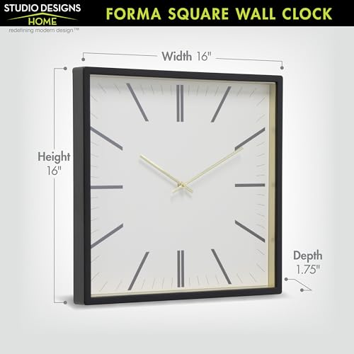 Forma Square Modern Wall Clock, 16" Minimalist Black Frame with Gold Trim, Quartz Movement, Glass Face, Contemporary Indoor Wall Décor