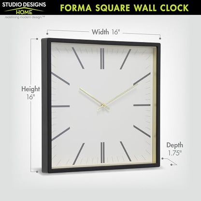 Forma Square Modern Wall Clock, 16" Minimalist Black Frame with Gold Trim, Quartz Movement, Glass Face, Contemporary Indoor Wall Décor
