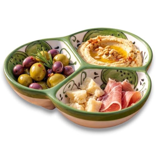 3-Compartment Ceramic Serving Dish, Handmade in Spain | 7.5” divided chip and dip bowl with lead-free glaze, microwave, oven and dishwasher safe, ideal for tapas, snacks and sauces - color: Cactus Green