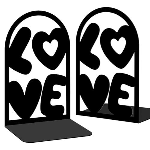 Decorative Book Ends, 2 Pcs Love Decor Metal Bookends Rectangular Black Bookends for Shelf Decoration and Book Organization - style: Love