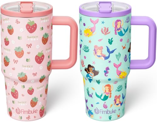 Fimibuke 20oz Kids Insulated Tumbler with Handle, Toddler Water Bottle | Leakproof 18/8 Stainless Steel Cups w/ Flip Straw Lid & Silicone Straw, BPA Free Water Bottle Kids School Gift for Boys Girls - color: Strawberry & Mermaid