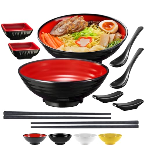 Unbreakable Ramen Bowl Set with Chopsticks and Spoon: 2 large Japanese Style Melamine Ramen Bowls, Dipping Bowls and Chopstick Stands for Asian Pho Soup Thai Miso Udon Wonton (2 Bowl Set, Red-Black) - color: Red & Black, size: 2 Bowl Set