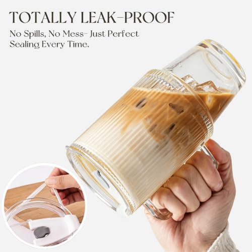 KEMORELA 24oz Ribbed Glass Cups with Lids and Straws,Glass Tumbler with Handle,2 set–Reusable Glass Ice Coffee Cups with Lid and Straw for Smoothies,Tea,Juice,Boba Cup for Cold & Hot Drinks,Travel Cup