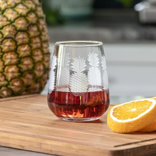 Rolf Glass Fresh Pineapple Stemless Wine Glass | 15.75oz Stemless Tumblers | Lead-Free and Diamond-Wheel Engraved | Tropical Coastal Etched Glassware with Pineapple Design | Set of 4 - color: Stemless, size: Set of 4