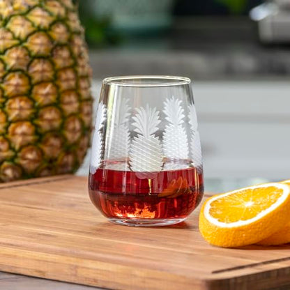Rolf Glass Fresh Pineapple Stemless Wine Glass | 15.75oz Stemless Tumblers | Lead-Free and Diamond-Wheel Engraved | Tropical Coastal Etched Glassware with Pineapple Design | Set of 4 - color: Stemless, size: Set of 4