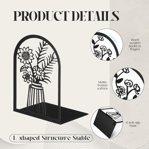 Feifeiya 6 Pairs Decorative Book Ends Metal Bookends for Shelves Black Metal Heavy Duty Book Ends Holder Supports Stoppers for Home Office School, 6.9x4.9x3.5”(Vase) - style: Vase