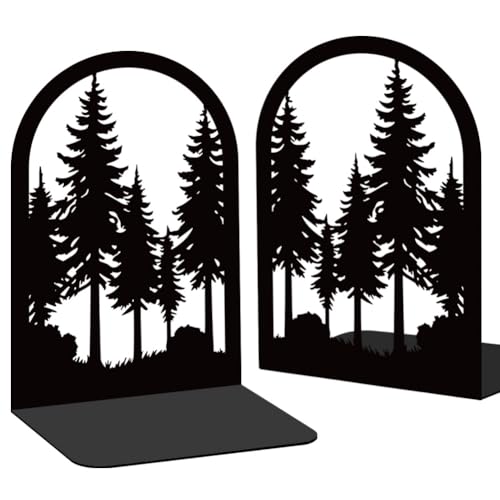 Forest Book Shelf Decorative Bookends for Shelves, Book Ends for Heavy Books, Black Pine Tree Metal Bookends for Desk Organizer, Office Library Decor Decorative Books for Home Decor - style: Forest