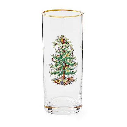 Spode Christmas Tree 15oz Highball Glasses, Set of 4 - Gold-Rimmed Elegant Holiday-Themed Glassware, Festive Holiday Drinkware for Christmas Parties, New Year’s Toasts & Festive Occasions | Ideal for serving cocktails & sparkling water, 22k gold-trimmed r