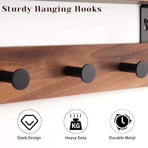 Coat Rack Wall Mount with Shelf, 17" Walnut Wood Wall Shelf with Hooks, Entryway Floating Shelves with 5 Metal Hangers for Coats, Backpacks, Living Room, Bedroom, Bathroom