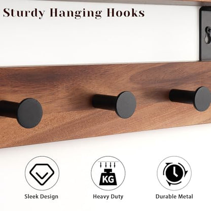Coat Rack Wall Mount with Shelf, 17" Walnut Wood Wall Shelf with Hooks, Entryway Floating Shelves with 5 Metal Hangers for Coats, Backpacks, Living Room, Bedroom, Bathroom