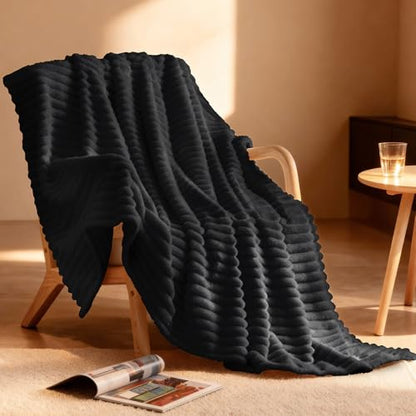 Nookly Black Twin Size Fleece Blanket, Soft Lightweight Ribbed Plush Bed Blanket, Cozy All-Season Striped Fleece Twin Throw for Bedroom and Home, 60x80 Inches - color: Black, size: Twin(60"x80")