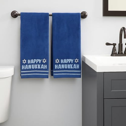 Hanukkah Bathroom Hand Towels – Set of 2 Blue 100% Cotton Embroidered “Happy Hanukkah” with Star of David Design – 25 x 16” Decorative Bath & Kitchen Towels - color: Hannukah