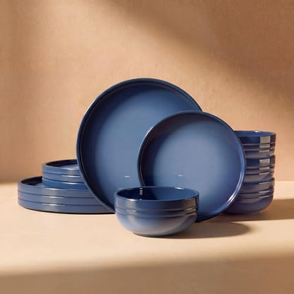 SMIRLY Stoneware Dinnerware Set for 4, 12 pcs Plates and Bowls Set, Blue | Chip and Scratch Resistant, Microwave, Dishwasher & Oven Safe, Non Toxic Plates Set, Ceramic Dish Set for Everyday Meal - color: Blue