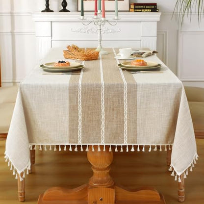 Laolitou Rustic Tablecloth Cotton Linen Waterproof Tablecloths Washable Table Cloths for Kitchen Dining,Party,Holiday,Christmas,Buffet Coffee Lines Rectangle,55''x120'',10-12 Seats - color: Coffee Lines, size: 120" x 55" (Rectangular)