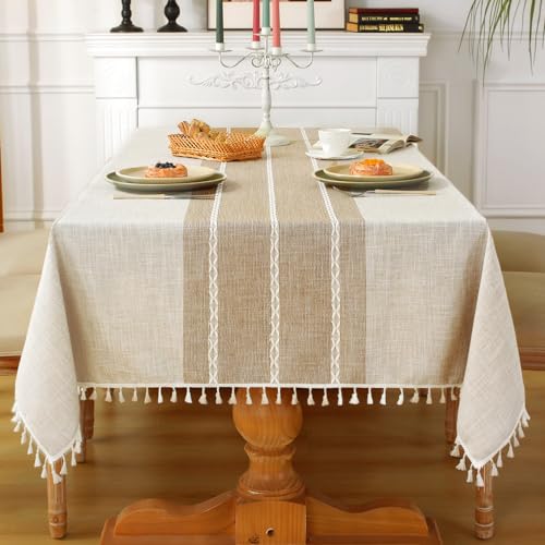 Laolitou Rustic Cotton Linen Table Cloth,Tablecloths for 6 Foot Rectangle Tables,Waterproof Washable Tablecloth with Tassel Rectangle/Oblong, 55''x 86'', 6-8 Seats - color: Coffee Lines, size: 86" x 55" (Rectangular)